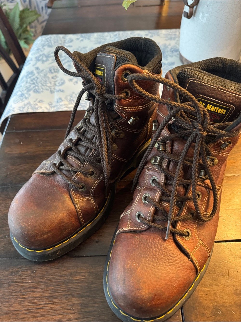 Dr. Martens Brown Leather Men's Lace-Up Work Boots with Yellow Welt Stitching